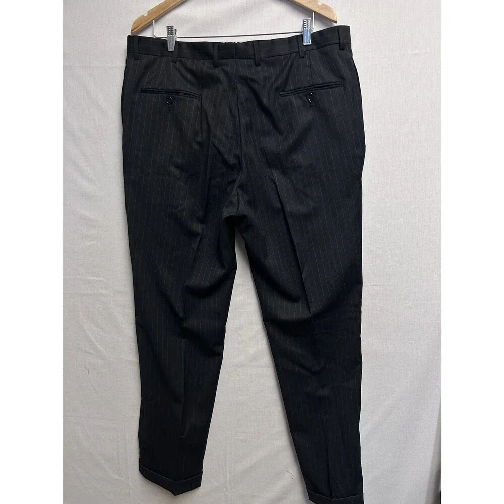 Austin Reed Black Pinstripe Suit Bespoke Mens 48 L Pants 38/32 Pleated Cuffed